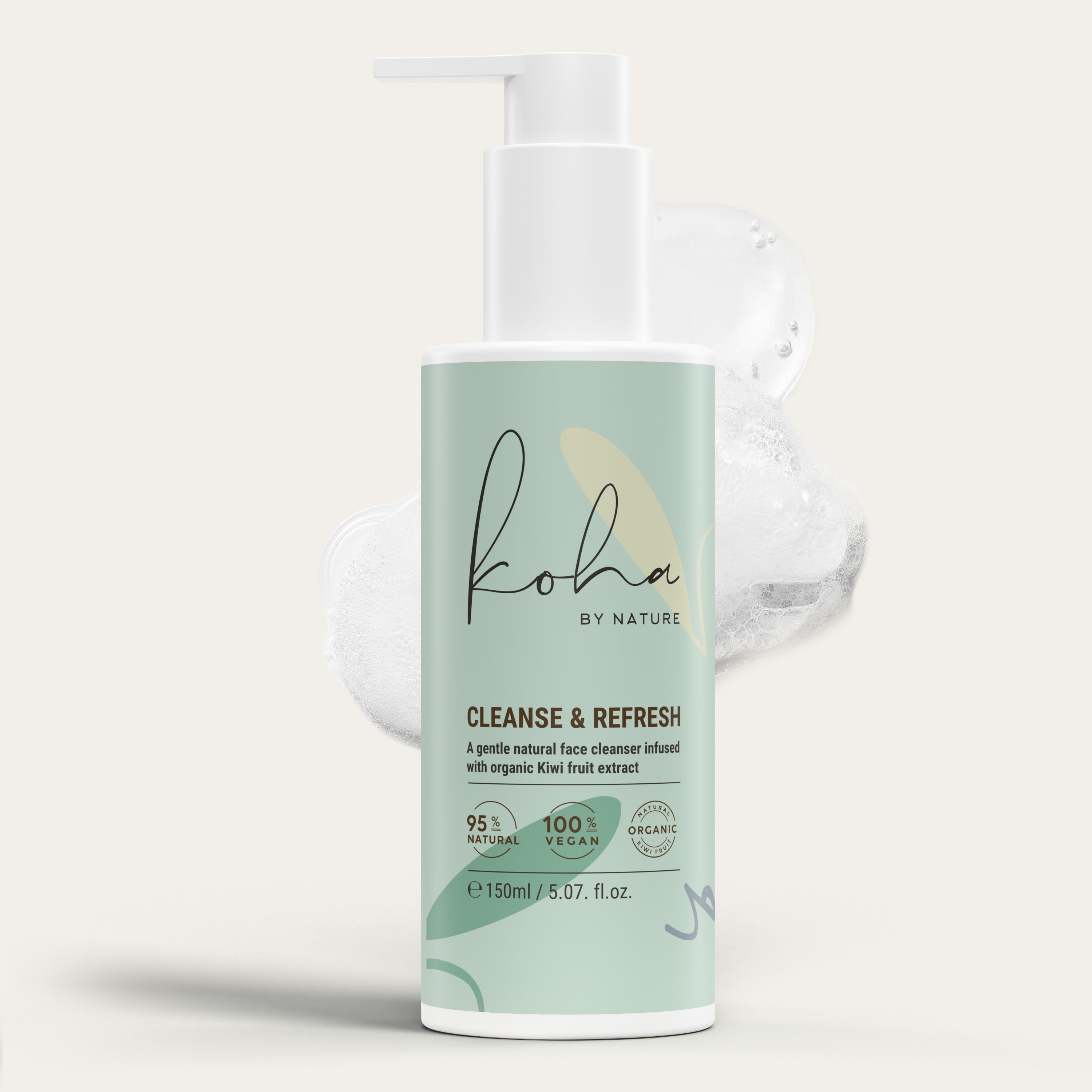 Product image of a 95% natural face wash housed in a white pump bottle adorned with a soft green label. The sleek design of the bottle exudes cleanliness and modernity, while the green label suggests the inclusion of natural ingredients. Against a neutral backdrop, the product stands out, promising a refreshing and gentle cleansing experience. The combination of natural efficacy and contemporary packaging invites users to embrace a revitalizing skincare routine.